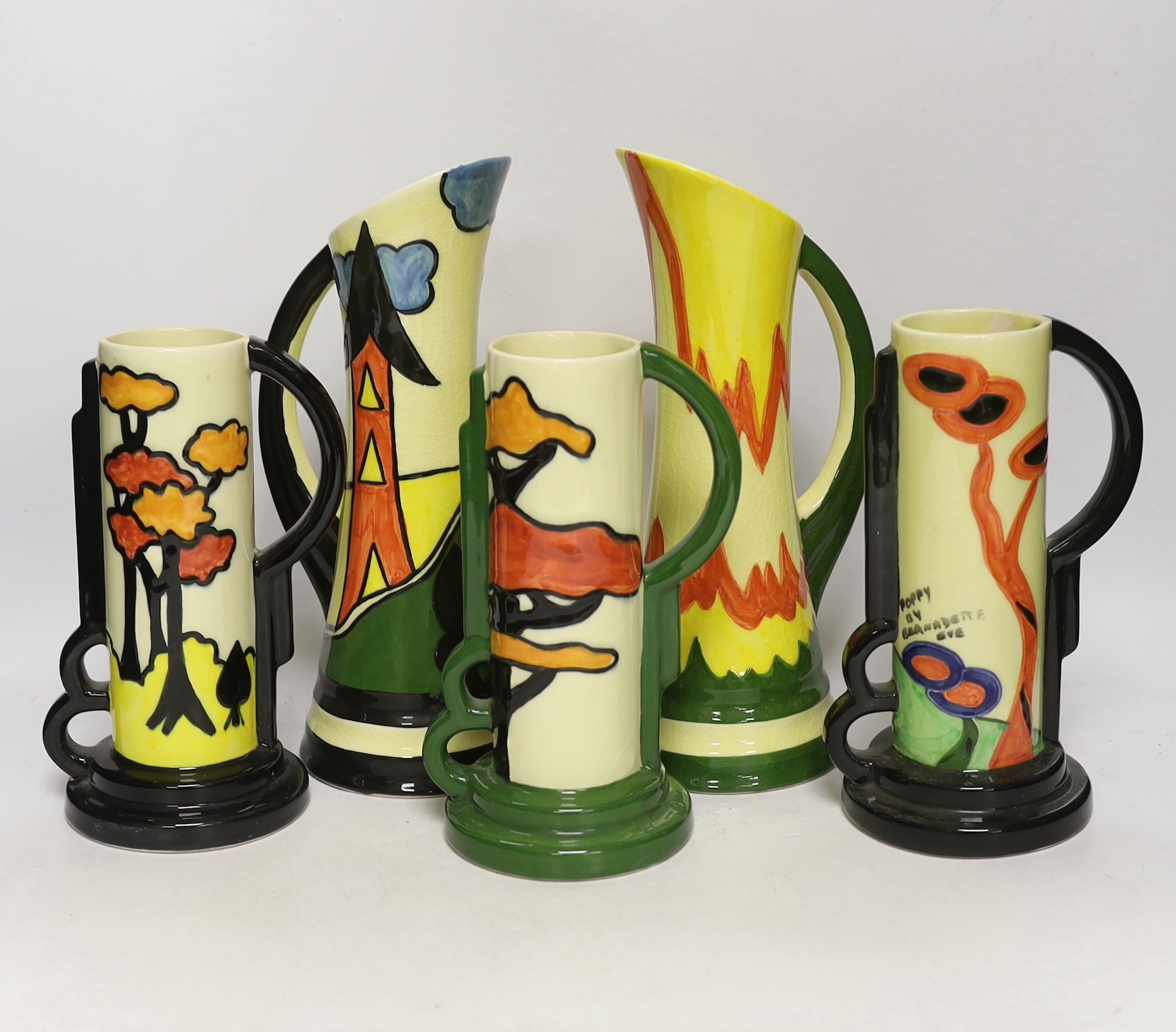 Two Clarice Cliff style jugs and three similar vases, four by Bernadette Eve and one by Crown Ducal, tallest 28cm